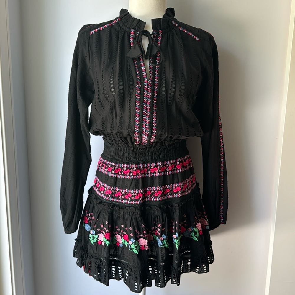 MISA Los Angeles black long sleeve embroidered mini dress brand new with tags